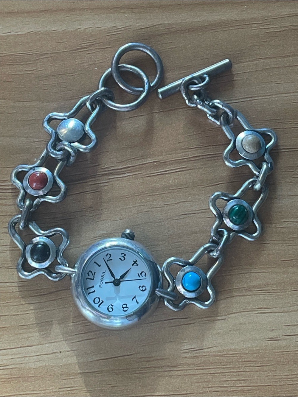 Fossil Silver-Tone Cross  Link Bracelet Watch with Multicolor Stones
